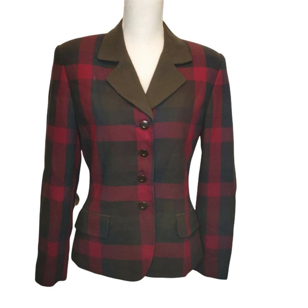 Vintage 90s Womens Small Plaid Blazer Brown Red Dark‎ Academia Preppy